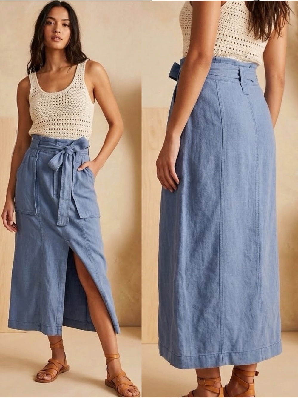 Free People Catching Feelings Linen Utility Midi Skirt Blueberry Blue 4 NWT